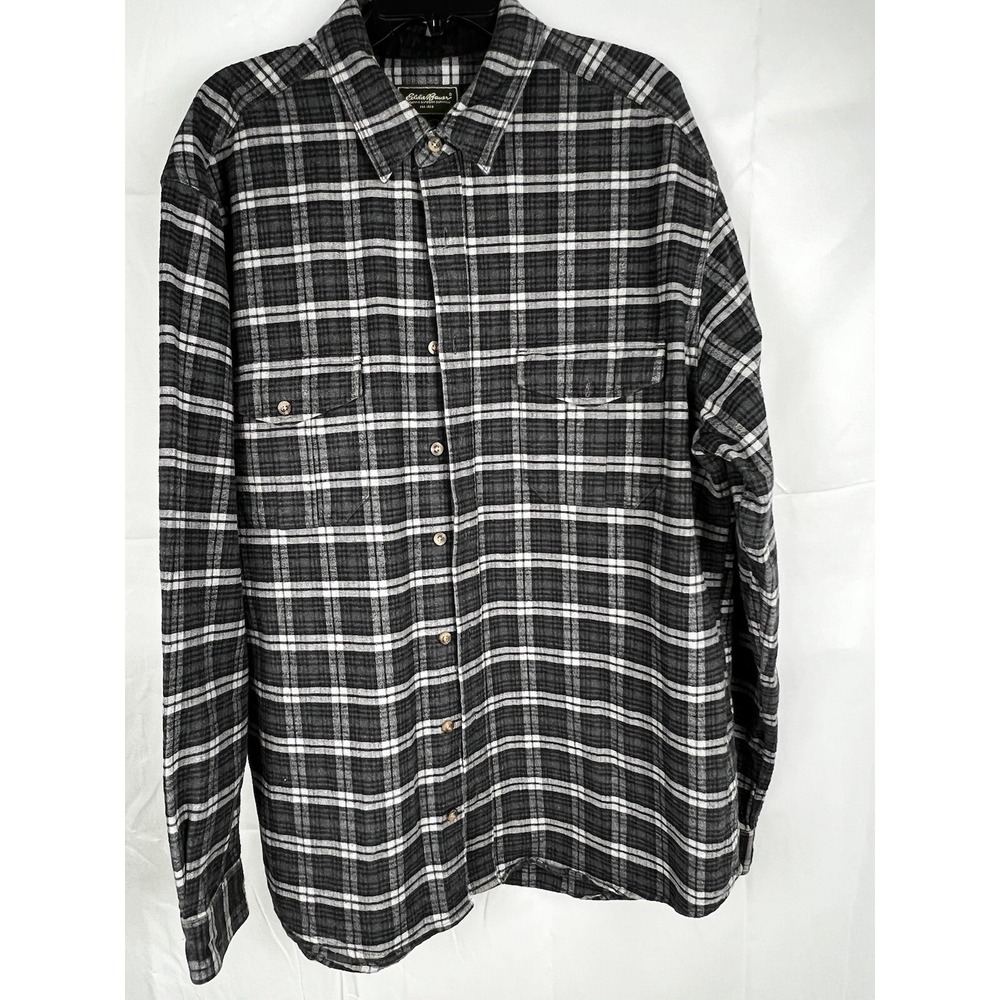 Eddie Bauer Mens XLT Tall Long Sleeve Blue Gray Plaid Heavy Cotton Flap‎ Pockets